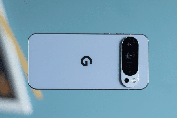 A professional 16:9 shot of a smartphone, showcasing its back design with a prominent camera bar and the brand logo.