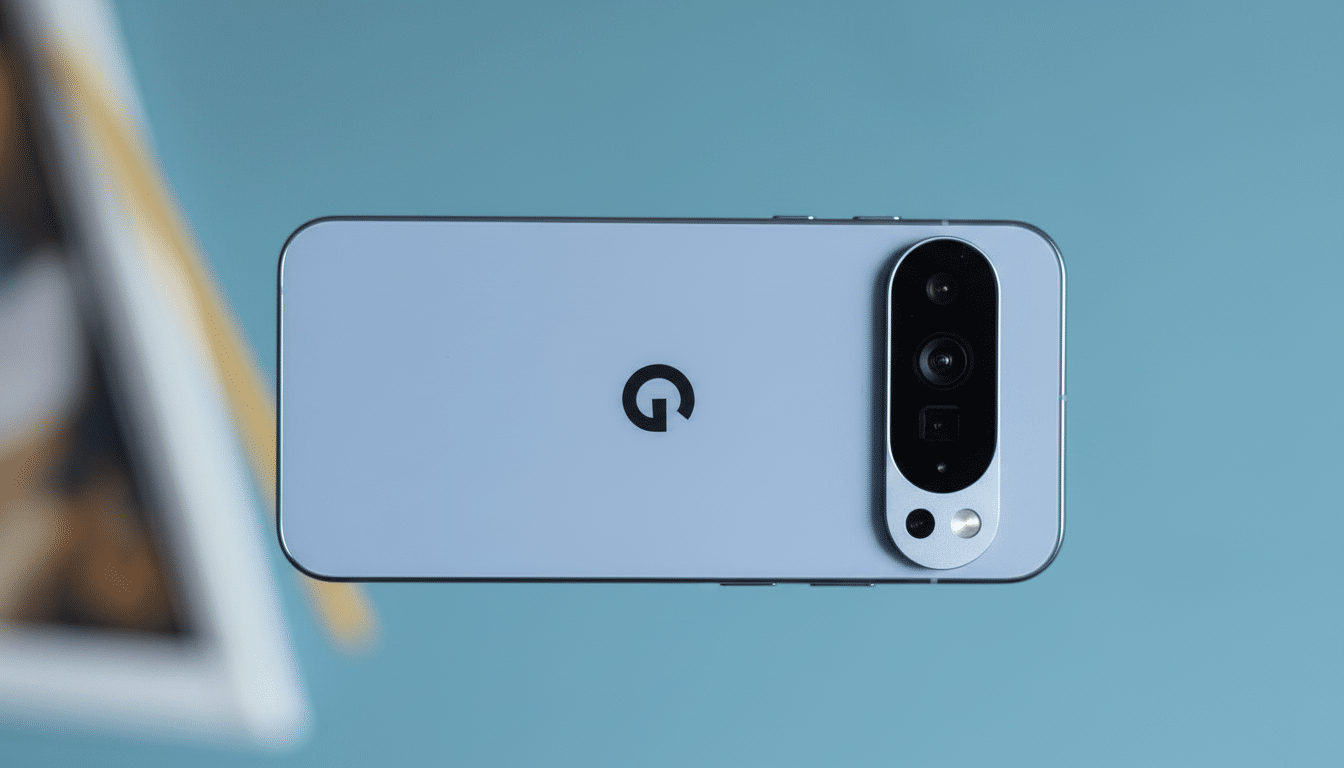 A professional 16:9 shot of a smartphone, showcasing its back design with a prominent camera bar and the brand logo.