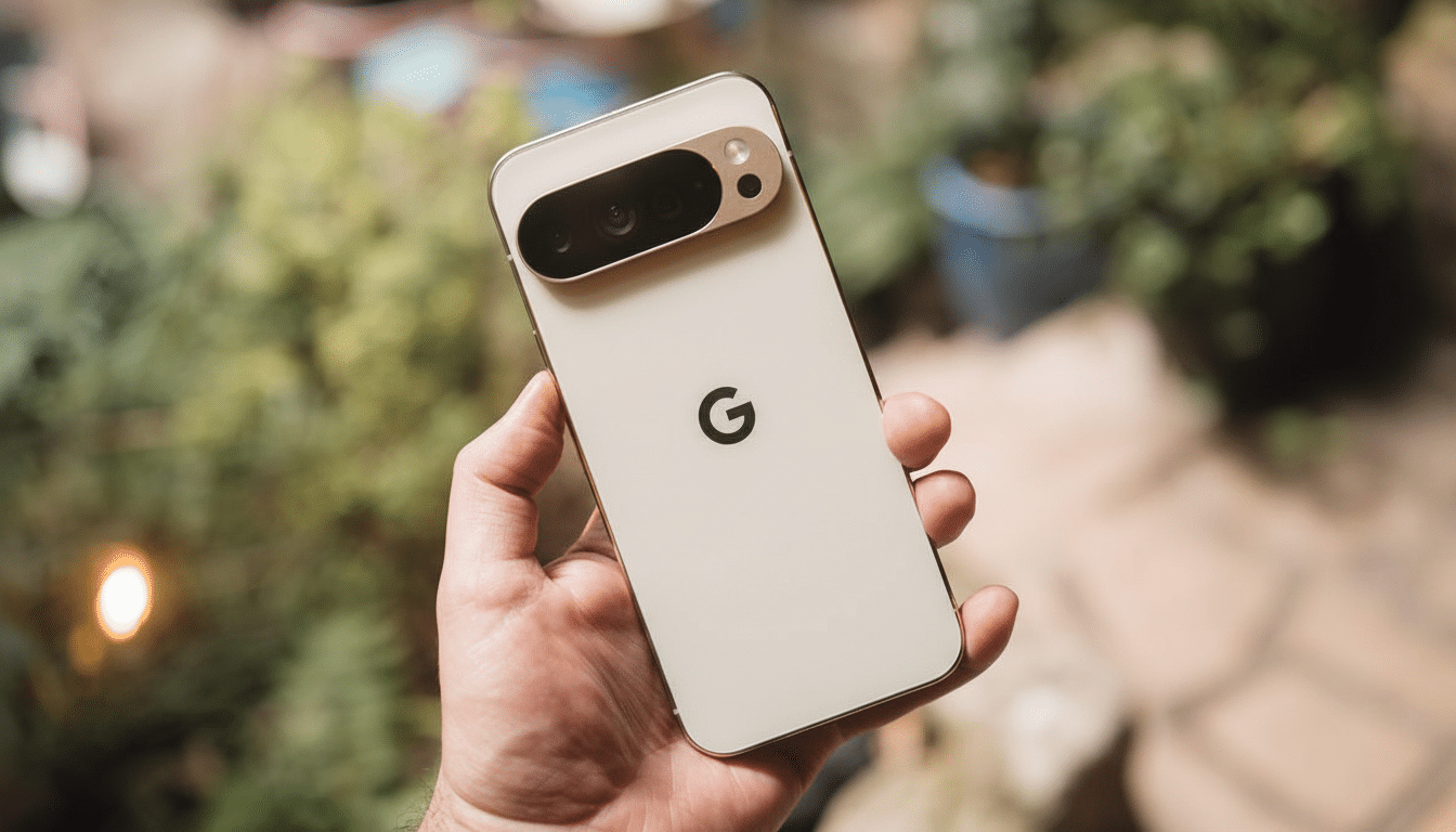 A hand holding a white Google Pixel smartphone with a prominent camera bar and the Google ' G' logo on the back. The background is a blurred outdoor setting with greenery.