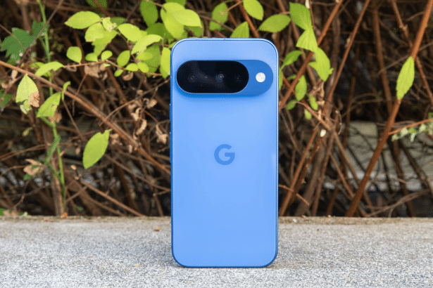 A blue Google Pixel smartphone is centered on a concrete surface, with a background of green leaves and dark brown branches, resized to a 1 6: 9 aspec