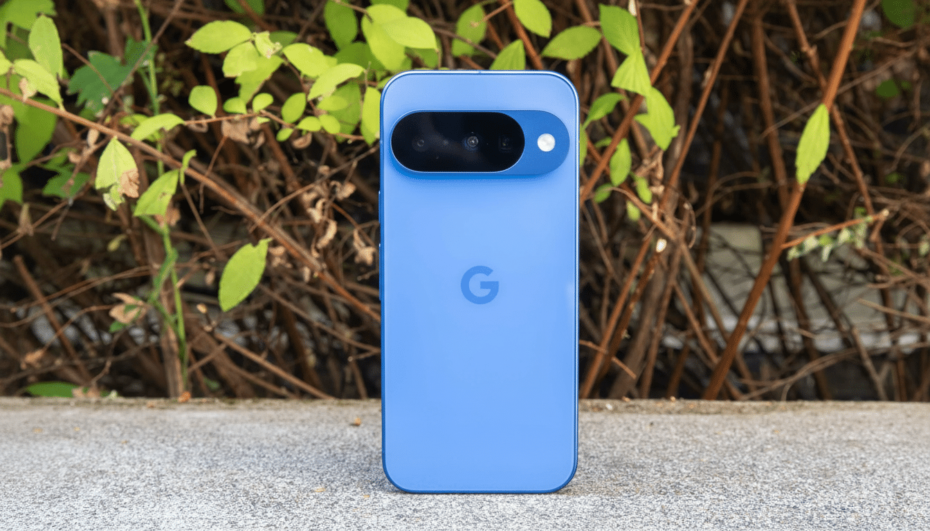 A blue Google Pixel smartphone is centered on a concrete surface, with a background of green leaves and dark brown branches, resized to a 1 6: 9 aspec