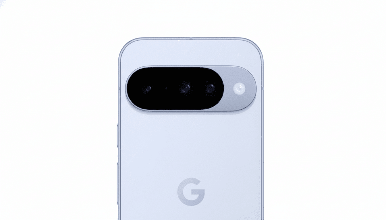 Close- up of the upper back of a light blue Google Pixel phone, showing the horizontal camera bar with three lenses and a flash.