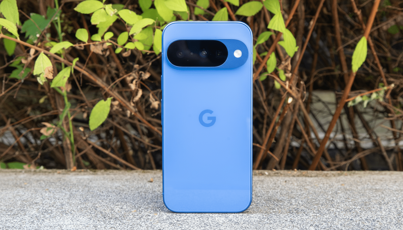 A blue Google Pixel 7 a smartphone is shown from the back, centered on a light gray concrete surface with a blurred background of green leaves and bro
