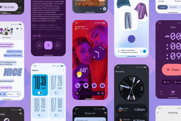 Various Google Pixel phone screens displaying different app interfaces and widgets , showcasing the Material You design language with purple and blue accents .