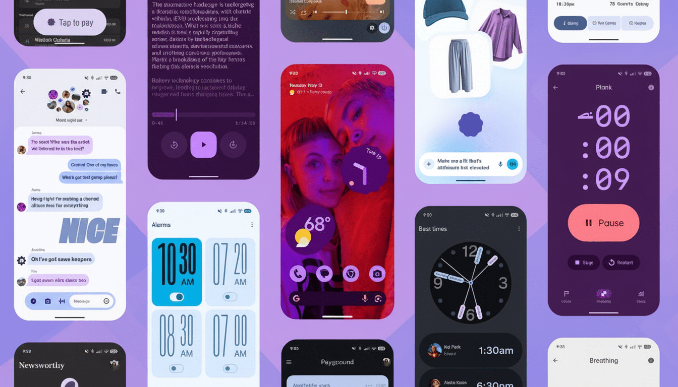 Various Google Pixel phone screens displaying different app interfaces and widgets , showcasing the Material You design language with purple and blue accents .
