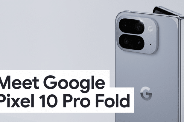 A professional image of the Google Pixel 10 Pro Fold smartphone in a subtle grey color , shown partially folded on a light grey background with the text Meet Google Pixel 10 Pro Fold. The Google ' G' logo is visible in the top left and on the back of the phone.