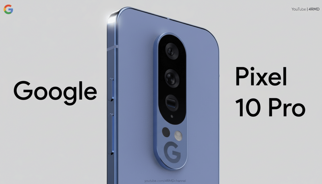 A professional rendering of a purple Google Pixel 1 0 Pro smartphone, viewed from a slight angle, showcasing its vertical triple camera array and Google  G logo on the back, with Google Pixel 10 Pro  text beside it.