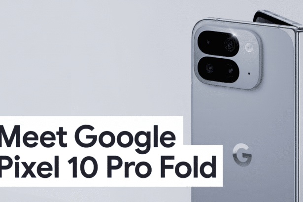 A grey Google Pixel 10 Pro Fold phone is shown slightly open, displaying its camera module and Google logo, with Meet Google Pixel 10 Pro Fold text in the foreground.