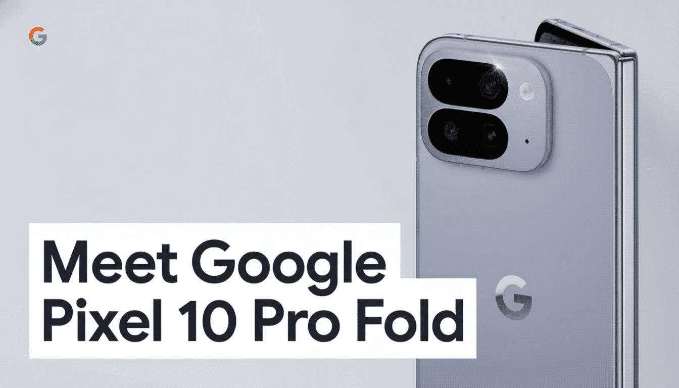 A grey Google Pixel 10 Pro Fold phone is shown slightly open, displaying its camera module and Google logo, with Meet Google Pixel 10 Pro Fold text in the foreground.