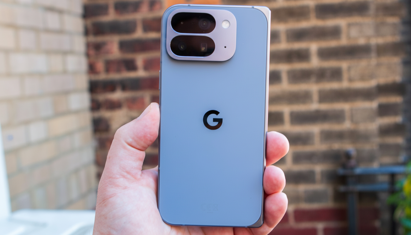 A hand holding a light blue smartphone with a prominent