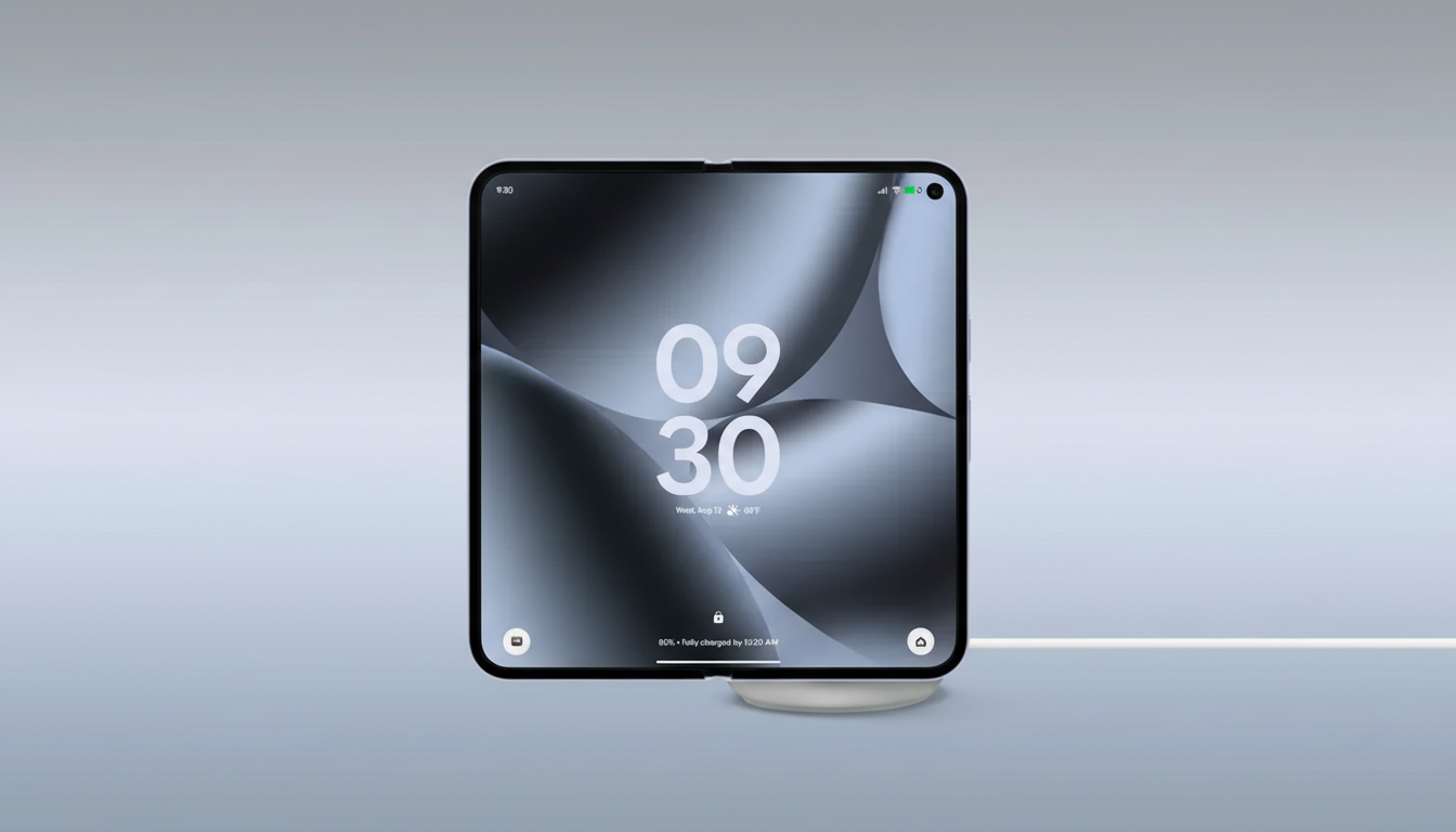 A sleek, modern smartphone with a dark, abstract wallpaper displaying the time 09:30, charging wirelessly on a white stand against a professional flat design background with soft gray gradients.