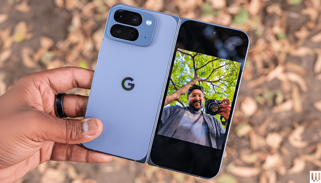 A hand holds a light blue foldable smartphone with a camera module on the left side, displaying a selfie of a man holding a camera on its screen , against a blurred background of brown leaves .