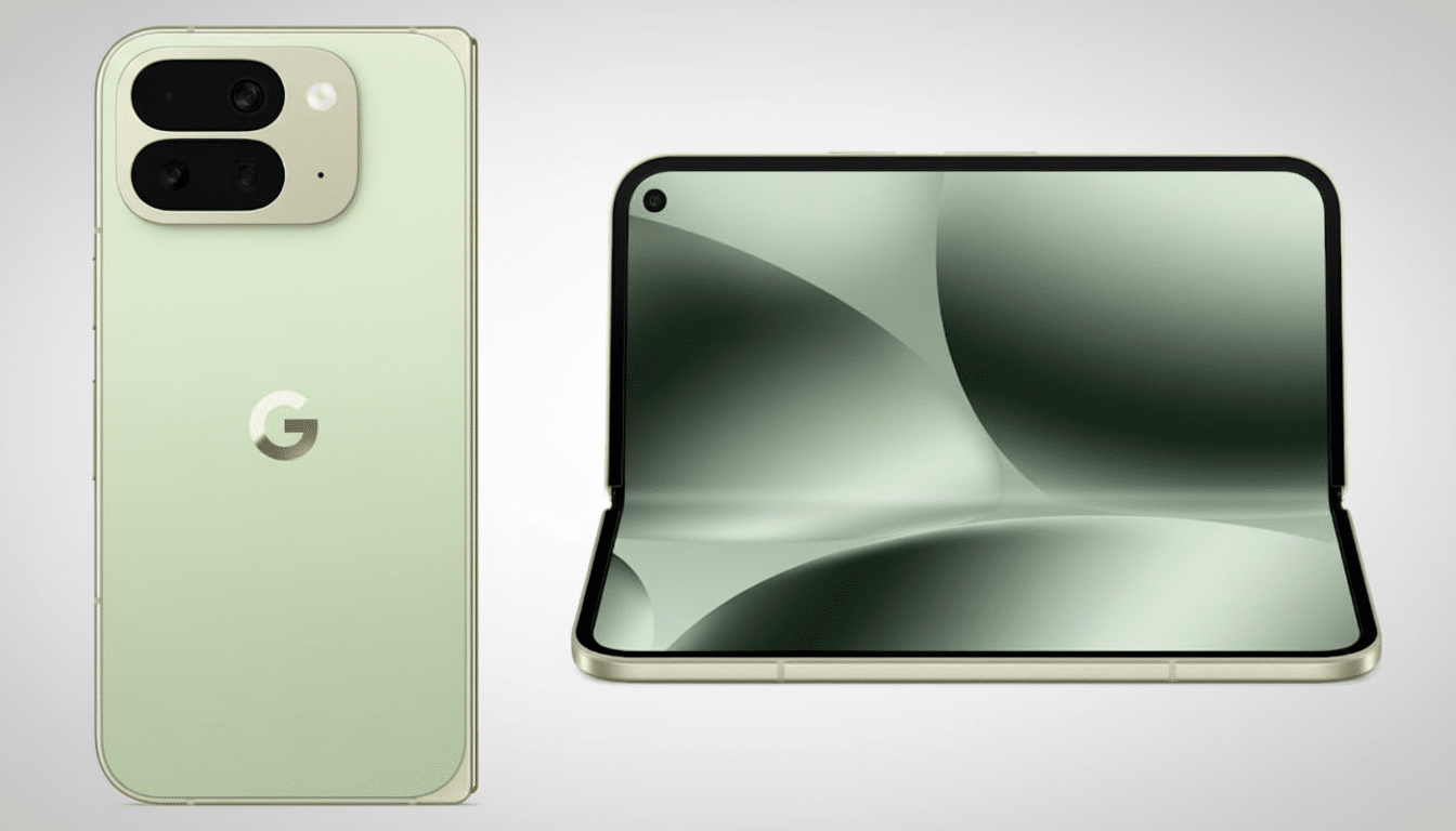 A professional image of two Google Pixel phones, one in a standard flat position showing the back with a G logo, and another folded open showing its internal screen. Both phones are a light sage green color and presented on a clean , professional grey background with soft light .