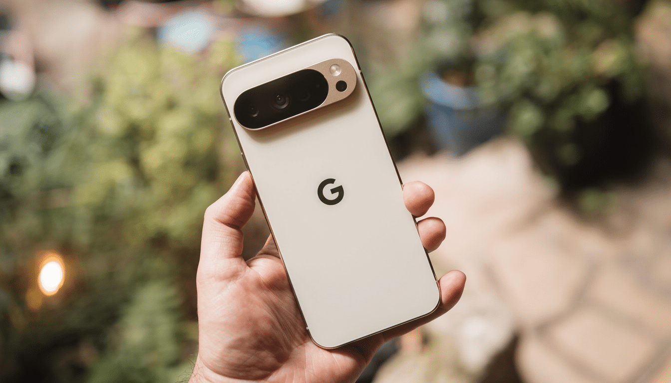 A hand holding a white Google Pixel smartphone with a prominent camera bar and the Google G logo on the back, against a blurred background of greenery