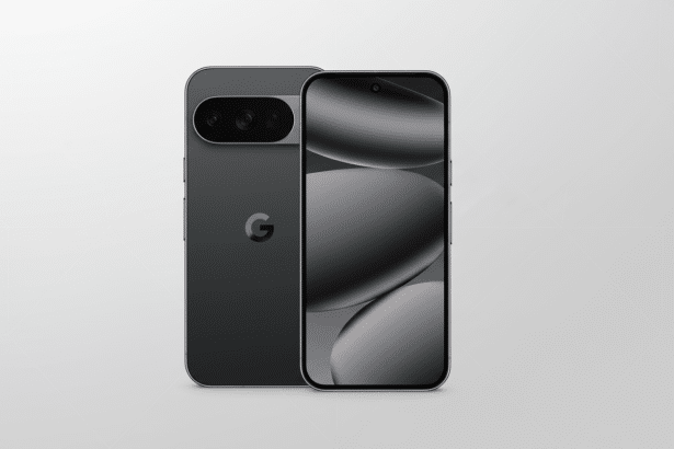 A professional shot of a dark gray smartphone with the Google logo on the back, and the front showing a dark display with abstract gray shapes, presented on a light gray gradient background. Filename : dark graygoogle smartphone 16 9. png