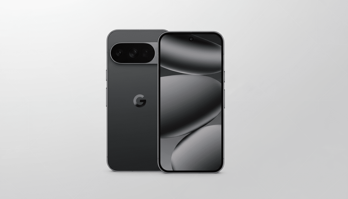 A professional shot of a dark gray smartphone with the Google logo on the back, and the front showing a dark display with abstract gray shapes, presented on a light gray gradient background. Filename : dark graygoogle smartphone 16 9. png