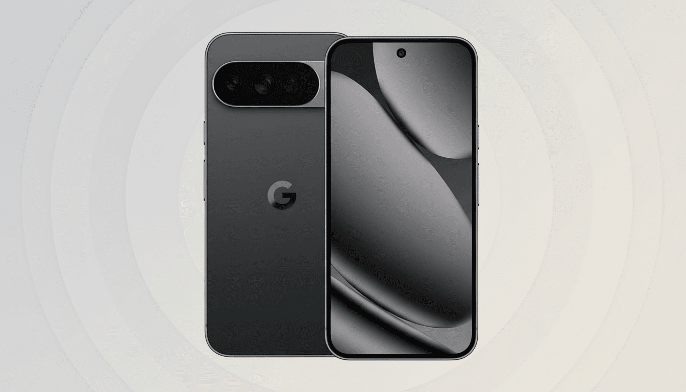 A professional shot of two dark gray Google Pixel smartphones , one displaying its back with a camera bar and the Google logo , and the other showing its screen with a dark, abstract wallpaper , set against a soft, light gray background with subtle concentric circular patterns. Filename : google pixelsmart phonesprofessional . png