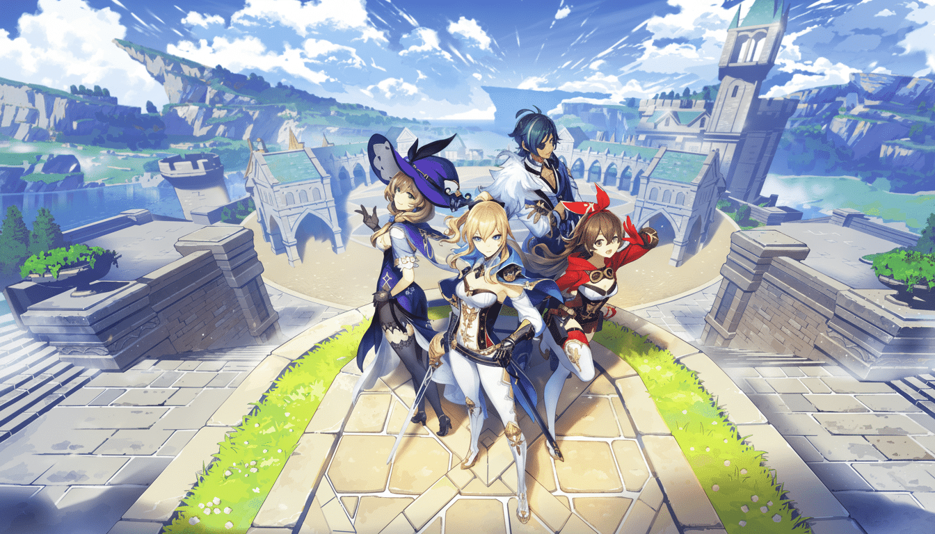 Four anime-style characters, two female and two male, stand on a stone pathway with a grand fantasy city and mountains in the background under a blue