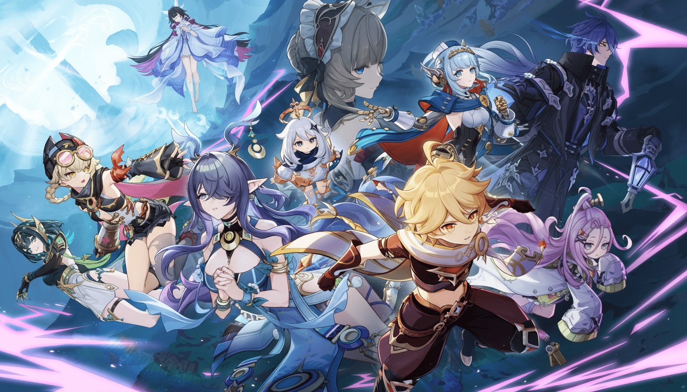 An anime - style image featuring multiple characters from the game Genshin Impact, including A ether and other prominent figures, set against a vibran