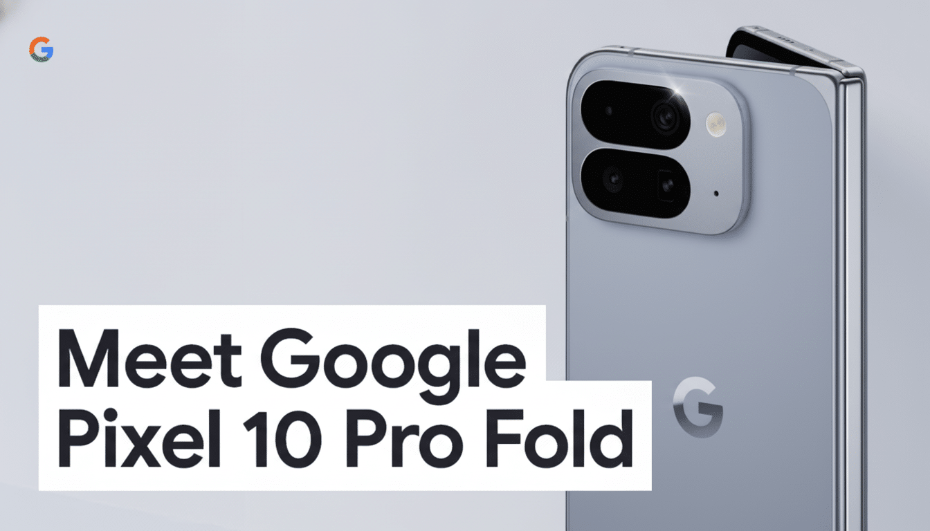 A high -resolution image of a partially folded Google Pixel 10 Pro Fold smartphone in a light purple color, with the text Meet Google Pixel 10 Pro Fold prominently displayed on a white background in the lower left. The Google logo is in the upper left corner.