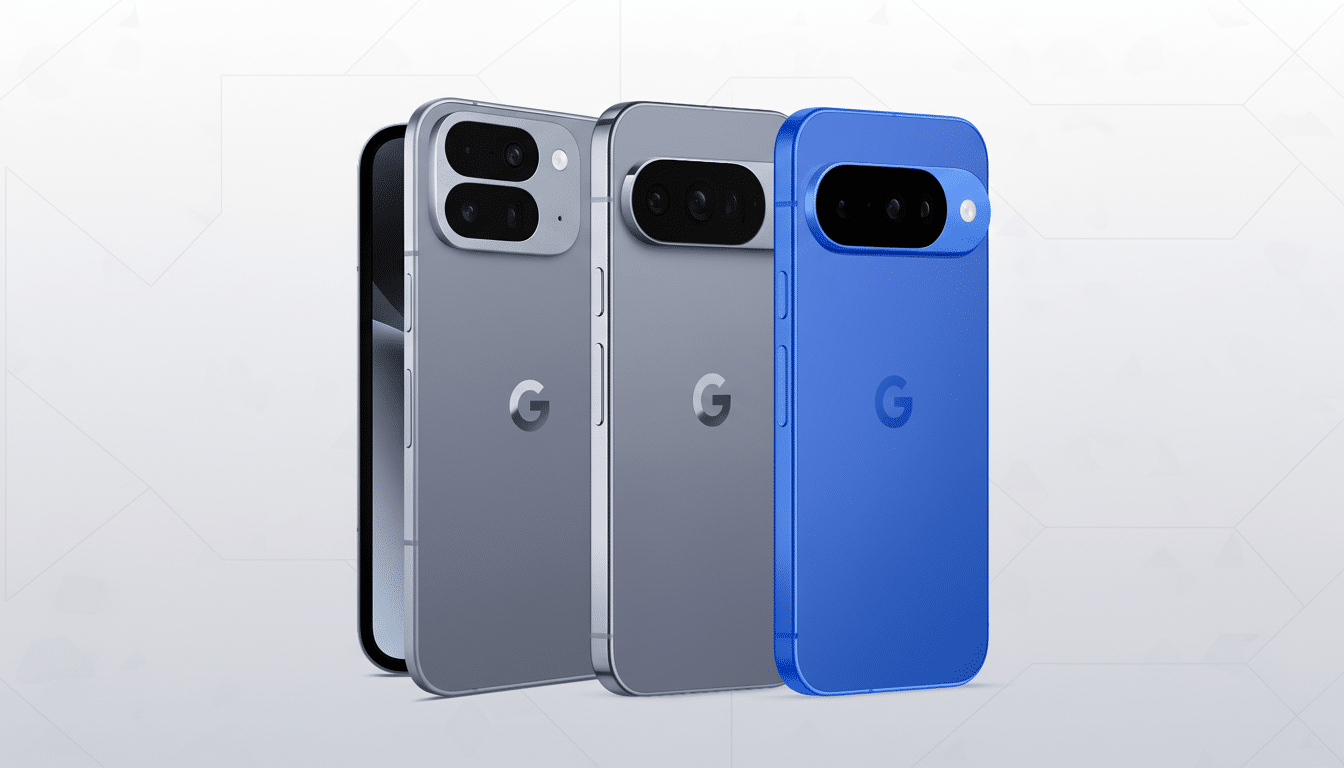 A row of three smartphones with different designs and colors , all featuring the Google ' G' logo on their backs , against a subtle geometric background. Filename : googlepixel concept phones. png