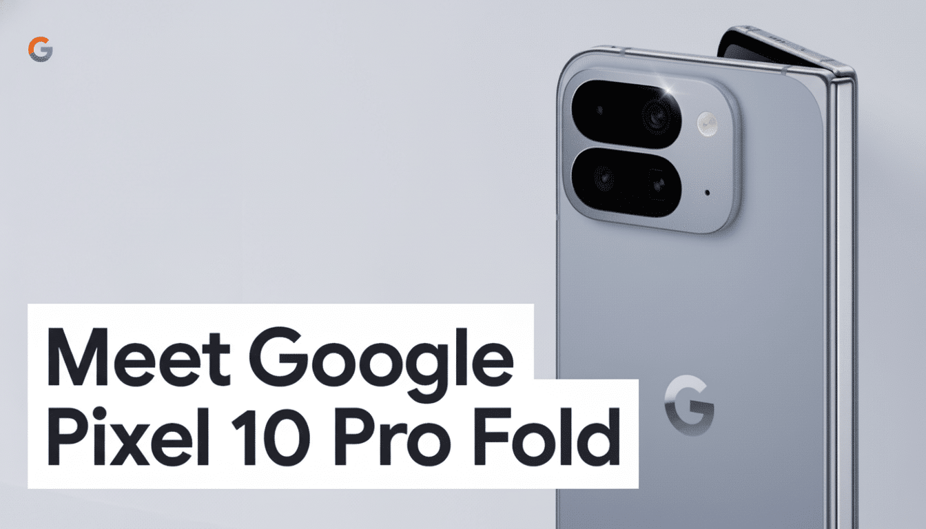 A grey Google Pixel 10 Pro Fold phone is shown slightly open, displaying its camera module and Google logo on a light grey background with text Meet G