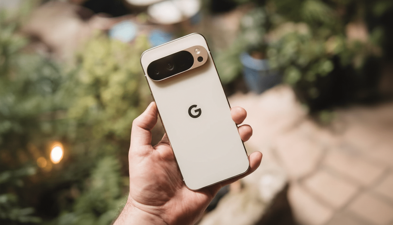 A hand holding a white Google Pixel smartphone with a gold camera bar, set against a blurred background of green foliage.