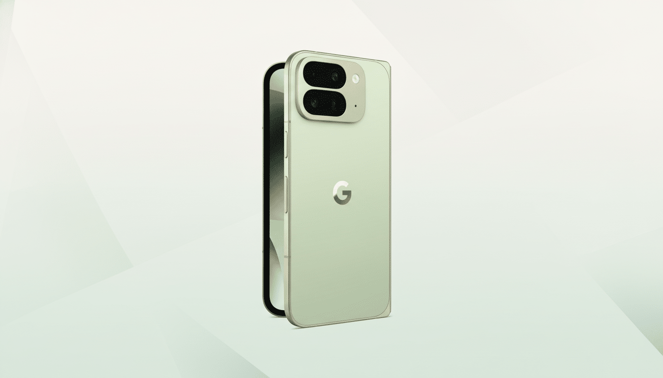 A professional shot of a pale green smartphone with a G logo on the back, presented on a light green and white gradient background. Filename : green smartphoneprofessional . png