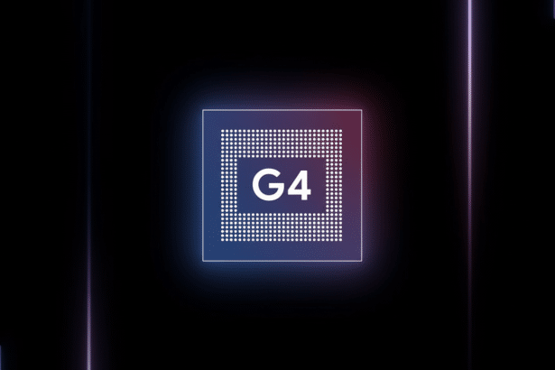 ** A G 4 processor chip with glowing neon outlines against a dark background . **Filename :** g4 processorchip. png