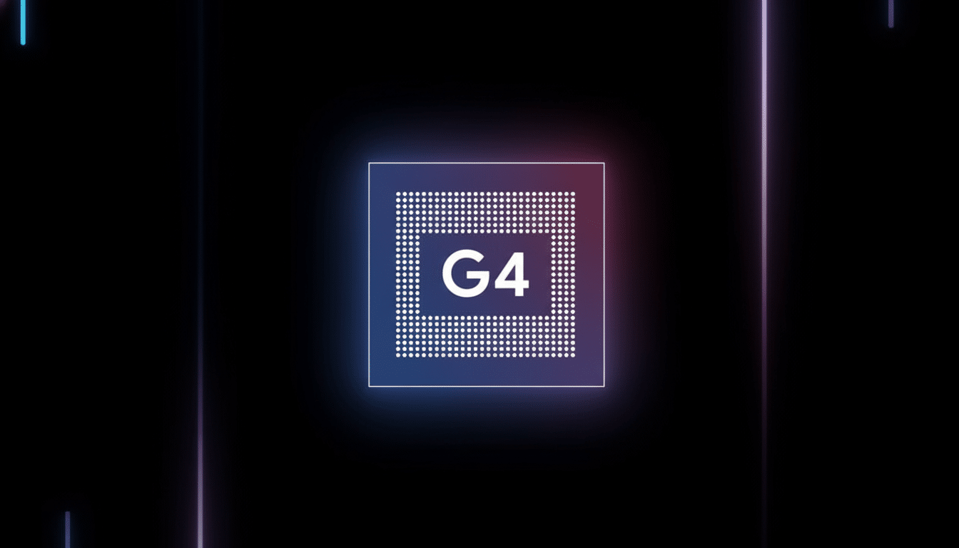 ** A G 4 processor chip with glowing neon outlines against a dark background . **Filename :** g4 processorchip. png