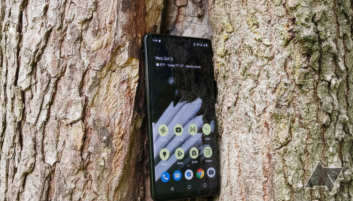 A black smartphone with a weather widget showing Wed, Oct 12 and 57° F - Today 71 ° / 57° - Mostly cloudy on its screen, resting against the textured