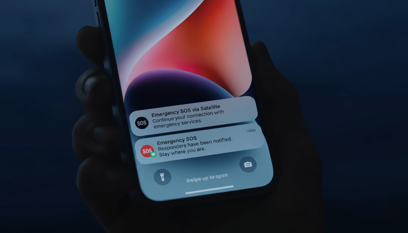 A hand holding a smartphone displaying two emergency SOS notifications via satellite.
