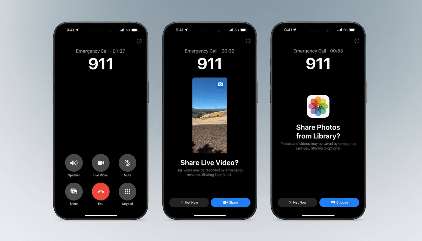 Three iPhones displaying an emergency call interface, with the first showing call options, the second a Share Live Video? prompt with a small live pre