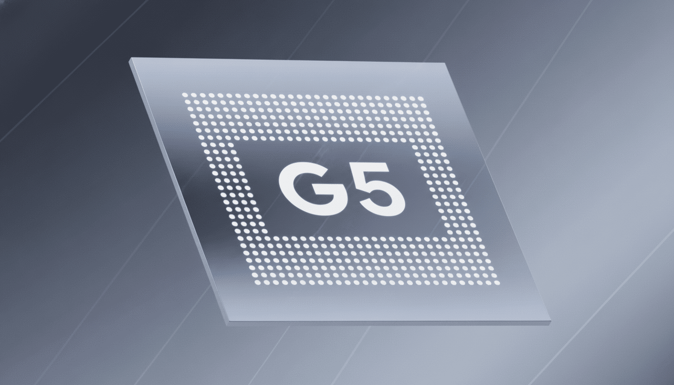 A close-up of a G5 chip with white dots around it, set against a professional gradient background.