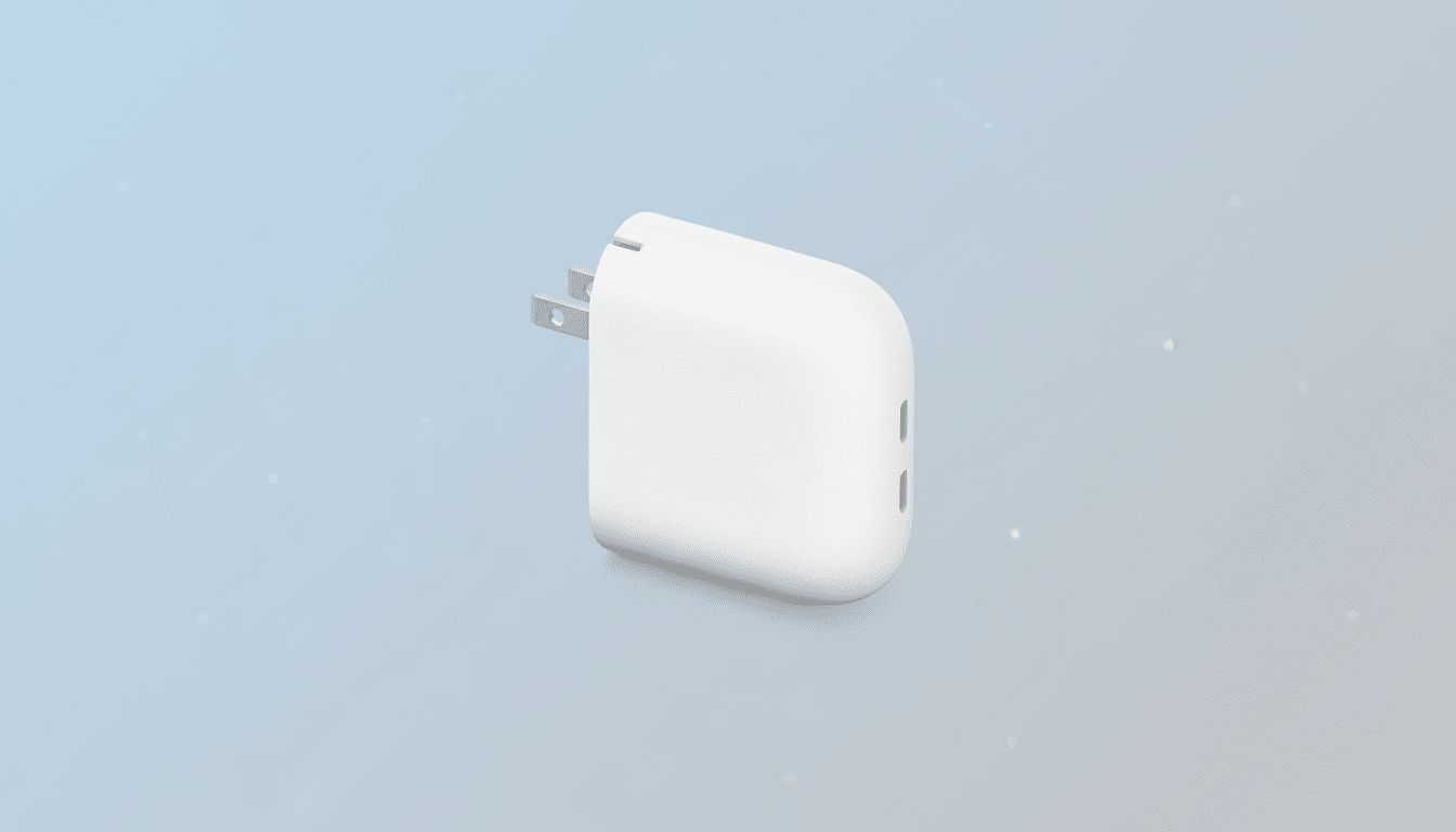 A white USB wall charger with two USB -A ports, seen from a three -quarter angle, set against a soft light blue background with a subtle abstract patt