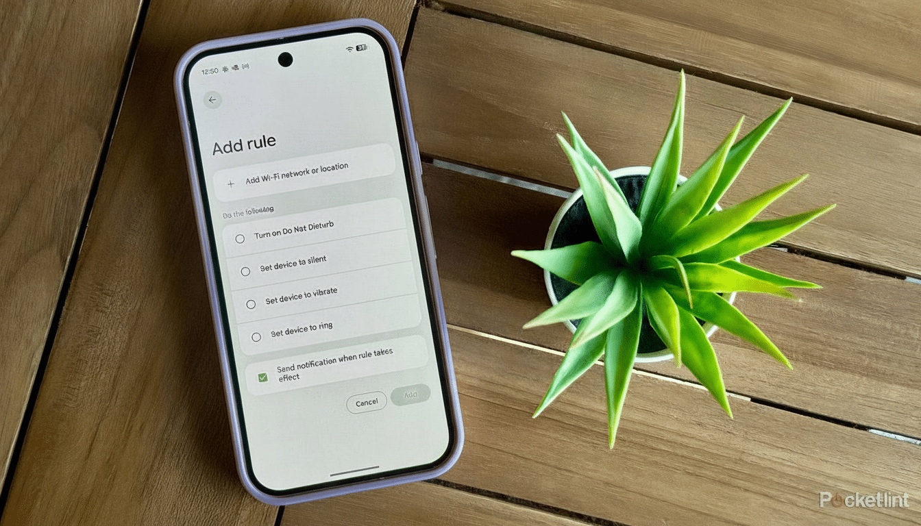 A smartphone displaying an Add rule screen for automating device settings, placed on a wooden table next to a green potted plant.