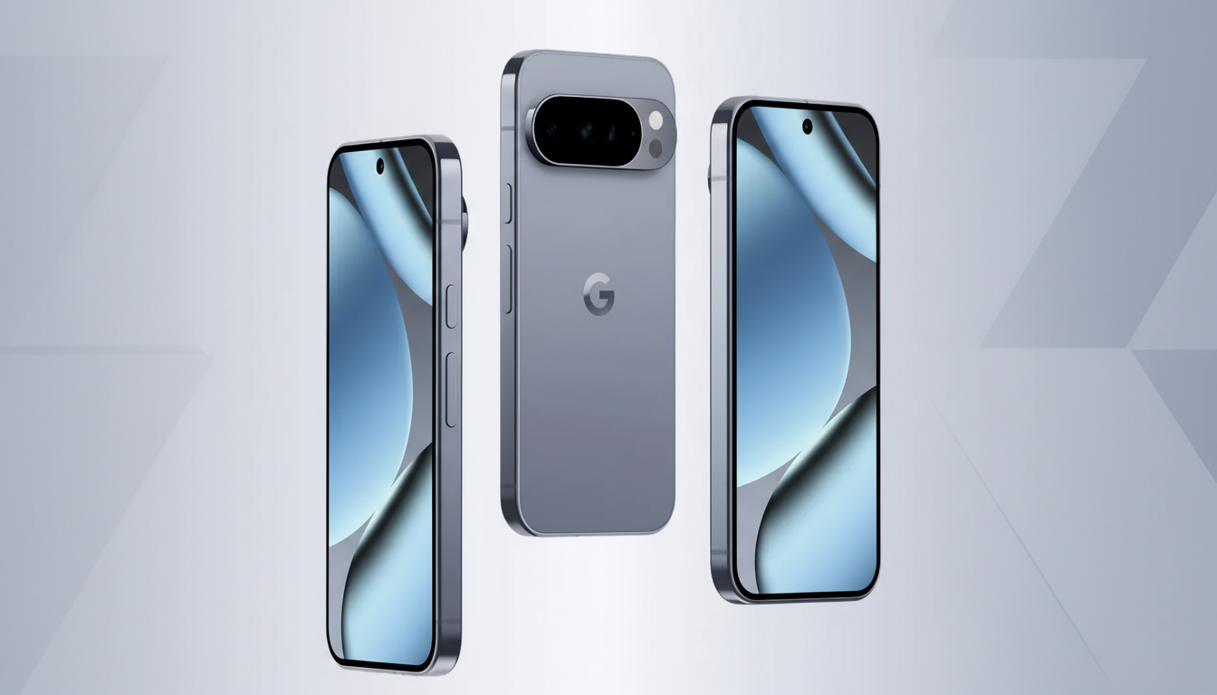 Three views of a light blue smartphone, two showing the front screen with a blue and grey abstract wallpaper, and one showing the back with a camera bar and a G logo, all against a light grey background with subtle geometric patterns.