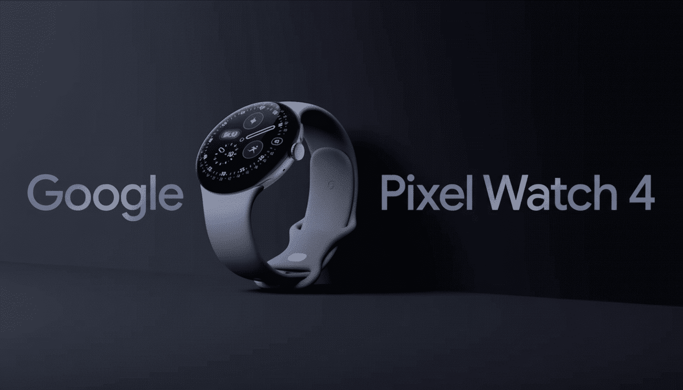 A Google Pixel Watch 4 in a light grey color with a matching band, displayed on a dark grey background with Google and Pixel Watch 4 text to the left and right of the watch.