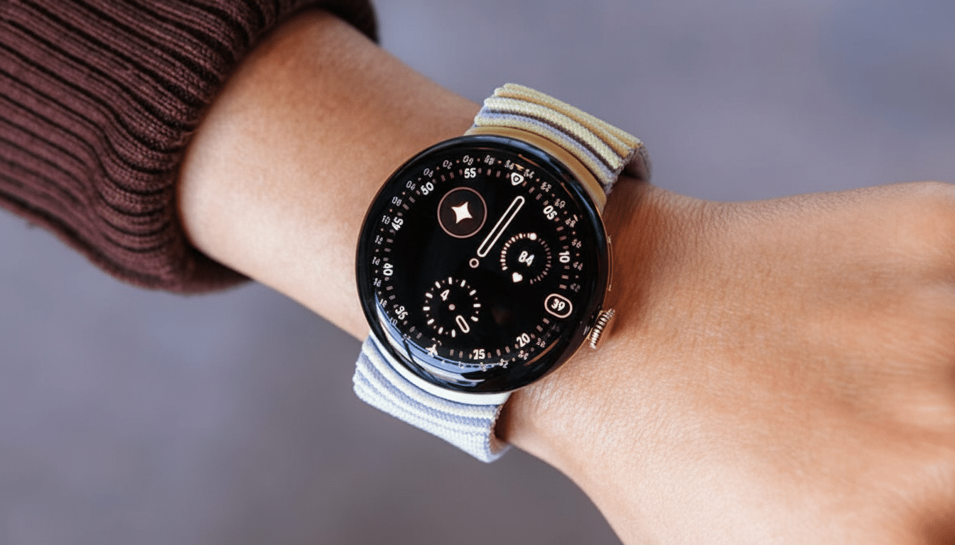 A close -up shot of a Google Pixel Watch with a light- colored striped band on a person' s wrist, showing the watch face with various data points.