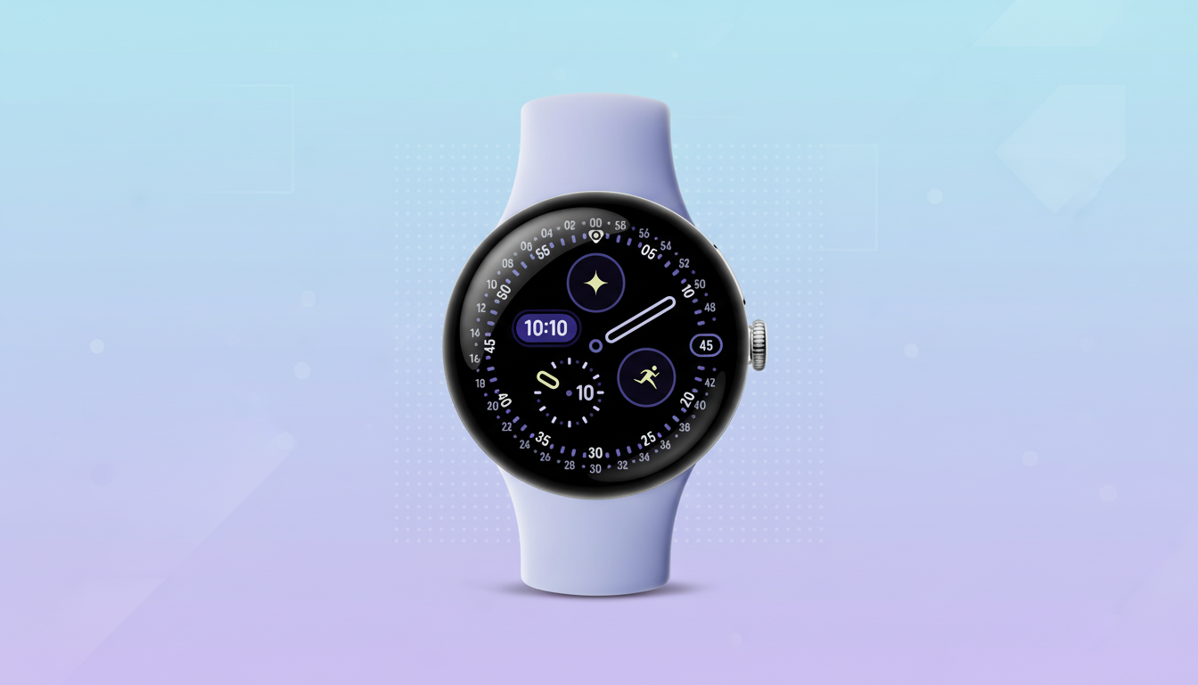 A Google Pixel Watch with a light purple band and a black watch face displaying various fitness and time widgets. The background is a soft blue and purple gradient with subtle geometric patterns, resized to a 1 6:9 aspect ratio. Filename : google pixelwatch 16 9. png