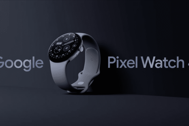 A Google Pixel Watch 4 with a gray band on a dark background , alongside Google and Pixel Watch 4 text.