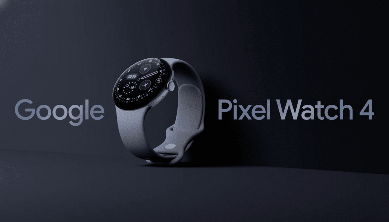 A Google Pixel Watch 4 with a gray band on a dark background , alongside Google and Pixel Watch 4 text.
