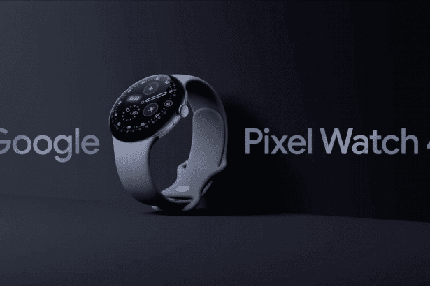 A Google Pixel Watch 4 with a light gray band and dark face displaying a watch interface, set against a dark gray background with Google Pixel Watch 4 text. Filename : googlepixel watch4 enhanced . png