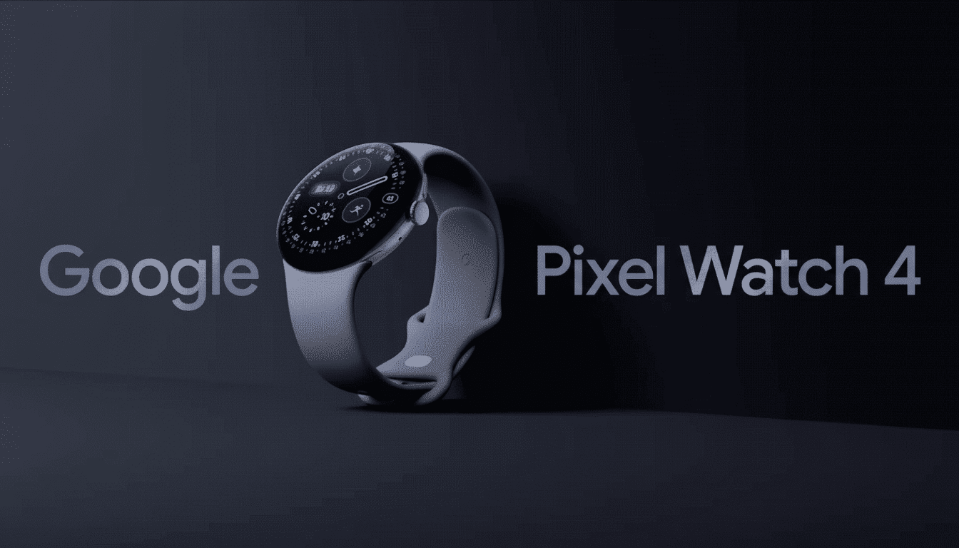 A Google Pixel Watch 4 with a light gray band and dark face displaying a watch interface, set against a dark gray background with Google Pixel Watch 4 text. Filename : googlepixel watch4 enhanced . png