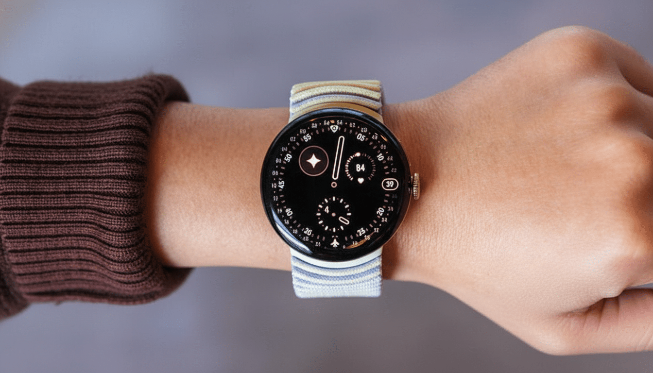 A close -up shot of a Google Pixel Watch with a light blue and white striped band on a person's wrist, against a slightly blurred background. The watch face is black with white markings and various app icons. Filename : google pixelwatch onwrist . png