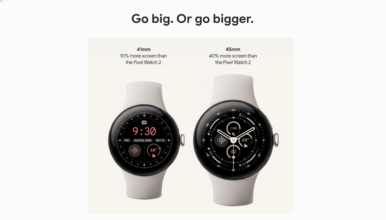 A 16:9 aspect ratio image comparing two Pixel Watches , 41mm and 45mm , against a clean white background with text Go big. Or go bigger.