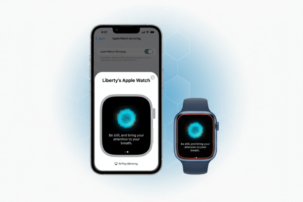 An iPhone displaying Apple Watch mirroring next to a physical Apple Watch, both showing a breath -focused meditation animation.