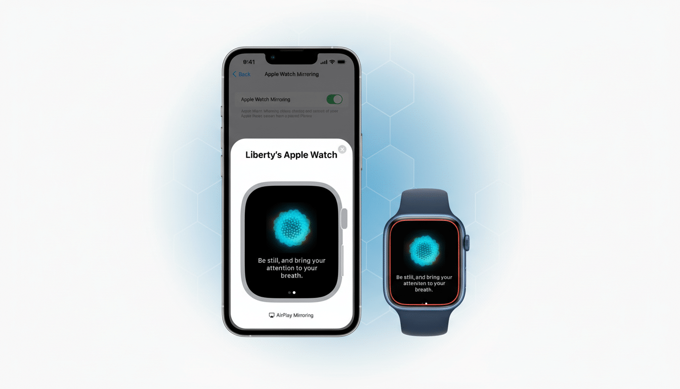 An iPhone displaying Apple Watch mirroring next to a physical Apple Watch, both showing a breath -focused meditation animation.