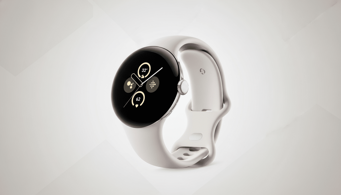 A white Pixel Watch with a black screen displaying various health and weather metrics , against a professional flat design background with soft gray patterns .