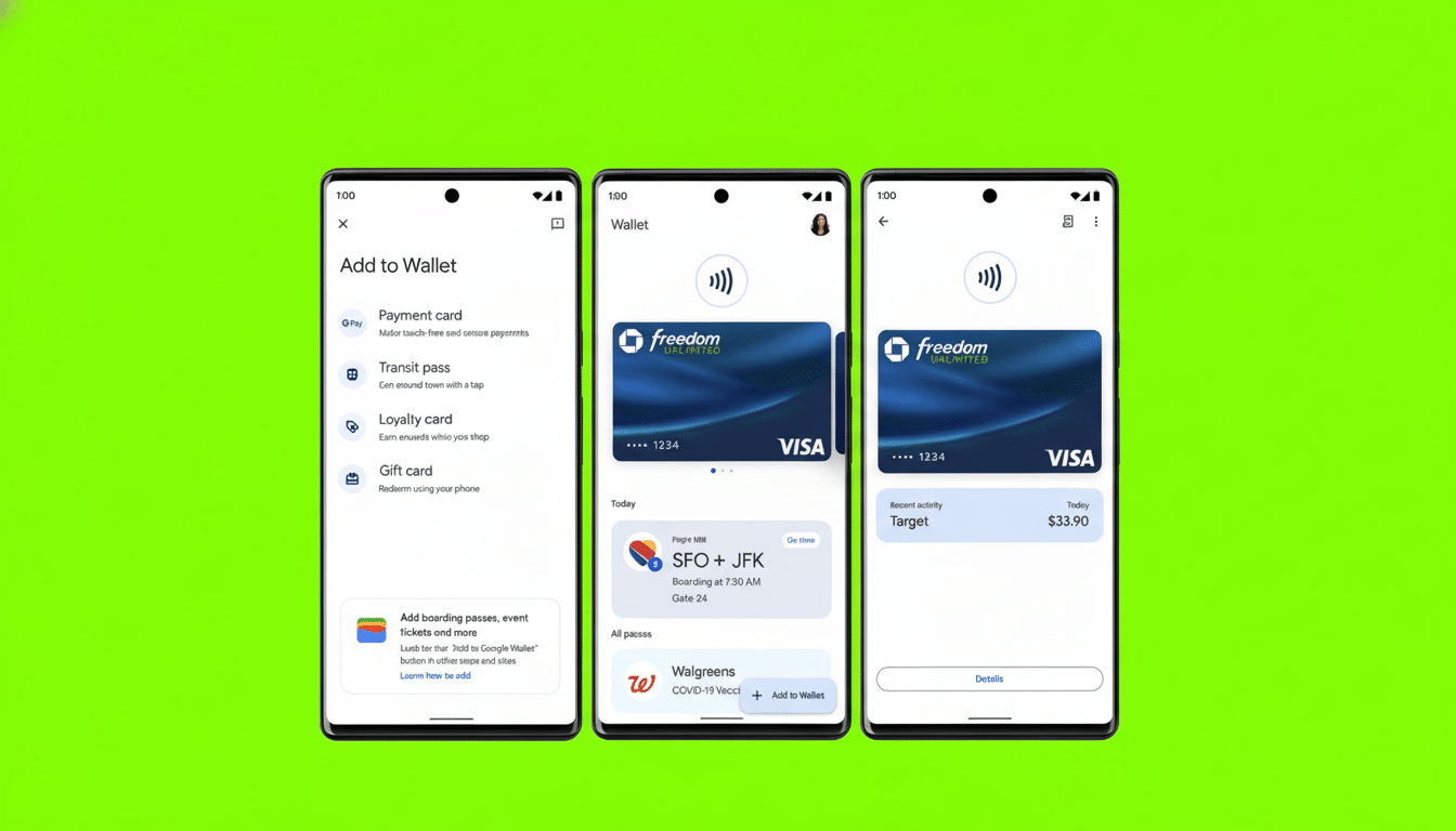 Three smartphones displaying the Google Wallet app ' s interface, showing options for adding payment cards, transit passes , loyalty cards, and gift cards, as well as a Chase Freedom credit card, a flight pass , and a Walgreens COVID -19 vaccination card .